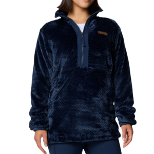A person is wearing a navy blue, fleece half-zip pullover sweater with a high collar and long sleeves.