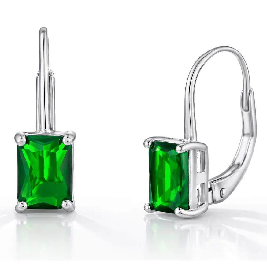 Silver leverback earrings featuring rectangular green gemstones in a prong setting.