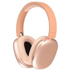 Rose gold over-ear headphones with cushioned ear cups and headband. Features include a sleek, minimalist design with a matte finish.