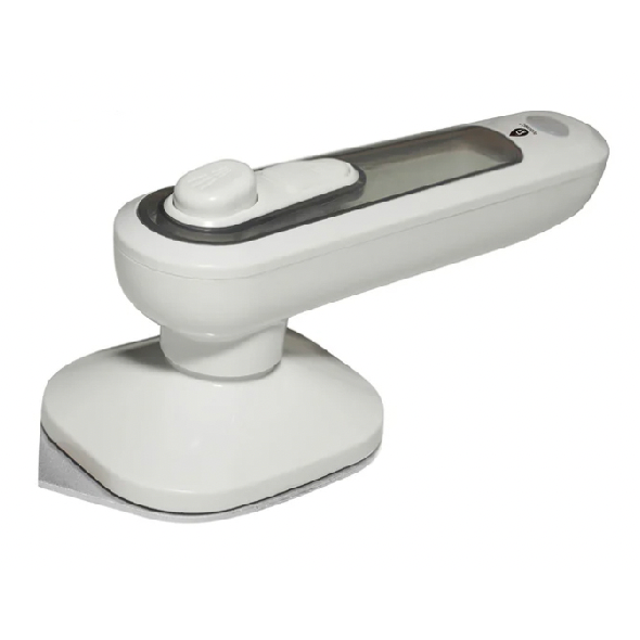 A handheld steam iron featuring a digital display and dual buttons, designed for quick and easy garment pressing.