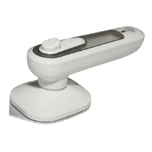 A handheld steam iron featuring a digital display and dual buttons, designed for quick and easy garment pressing.