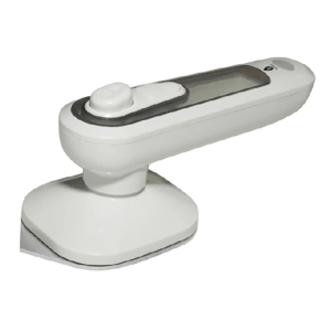 A handheld steam iron featuring a digital display and dual buttons, designed for quick and easy garment pressing.