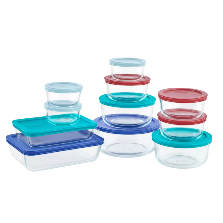 A set of glass food storage containers with assorted colored lids, including round and rectangular shapes, in various sizes.