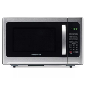 Farberware microwave with a digital keypad and display, featuring quick settings for popcorn, potatoes, and pizza, and a stainless steel finish.