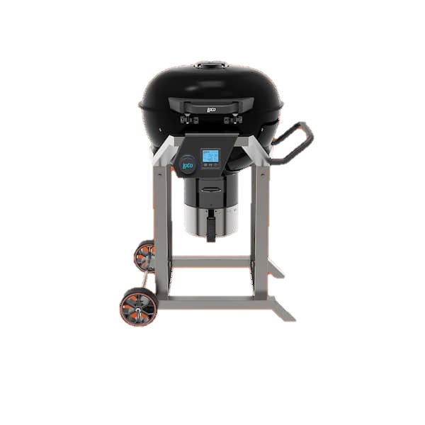 A black kamado grill on a metal stand with two wheels and a digital control panel at the front.