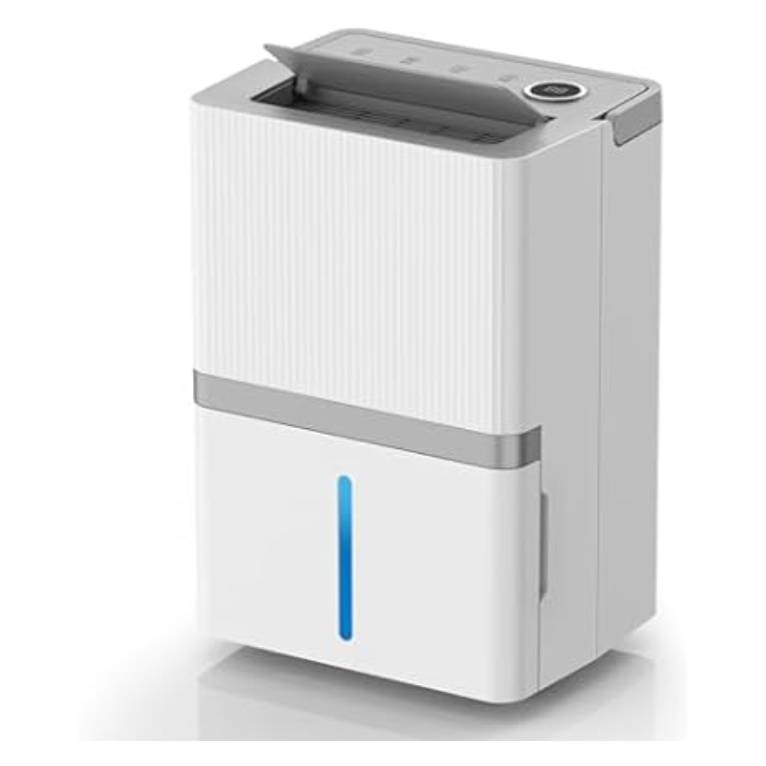A sleek, rectangular dehumidifier with a white and gray design, featuring a front water level indicator and a top-mounted control panel.