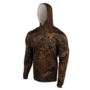 Brown and black patterned hunting hoodie with an integrated face mask.