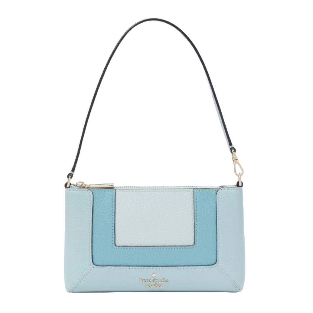 Kate Spade Lena Convertible Wristlet is a stylish purse featuring a color-block design in shades of light and medium blue, gold-tone hardware, and a detachable strap for versatility.