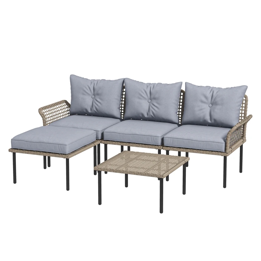 A patio furniture set featuring a three-seater wicker sectional with light blue cushions, an ottoman, and a matching rattan coffee table with black metal legs.