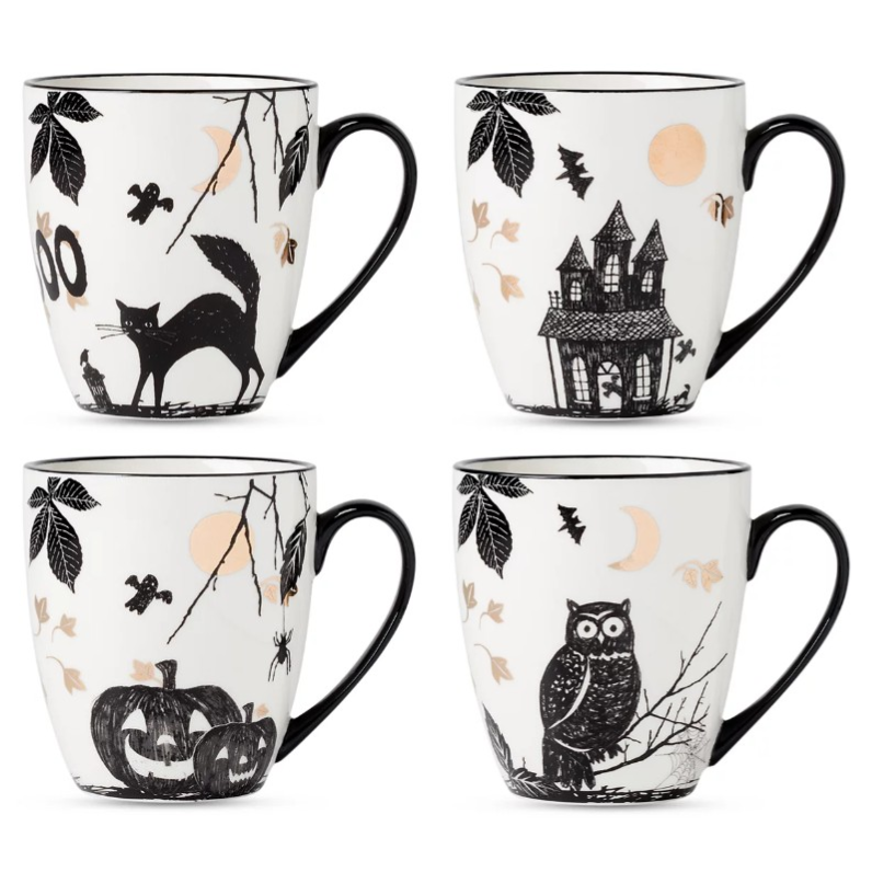 Set of four ceramic mugs with black Halloween-themed designs, including a cat, haunted house, pumpkins, and owl, accented with orange and gold elements.