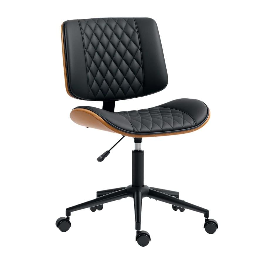 Black swivel office chair with a diamond-stitched design, adjustable height lever, and caster wheels, featuring a wooden accent on the seat and backrest edges.