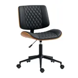 Black swivel office chair with a diamond-stitched design, adjustable height lever, and caster wheels, featuring a wooden accent on the seat and backrest edges.