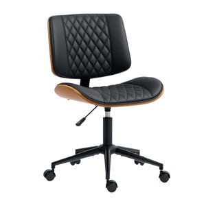Black swivel office chair with a diamond-stitched design, adjustable height lever, and caster wheels, featuring a wooden accent on the seat and backrest edges.