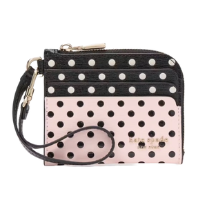 Kate Spade Breezy Dot Wristlet features a polka dot design with a black and pink color scheme. It includes a zippered compartment, multiple card slots, and a detachable wrist strap for convenience.