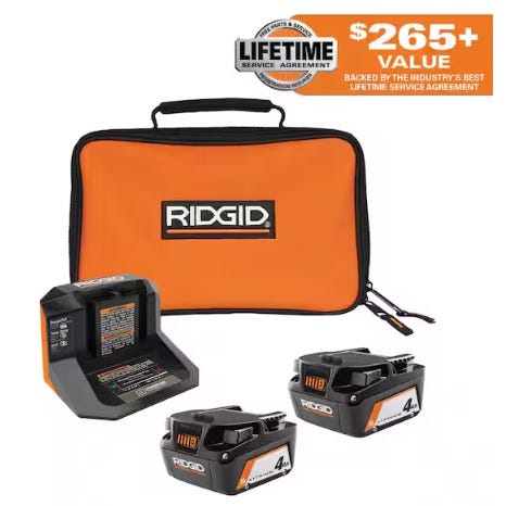 RIDGID tool kit includes a charger, two 4.0Ah batteries, and an orange carrying case, featuring a lifetime service agreement and valued over $265.