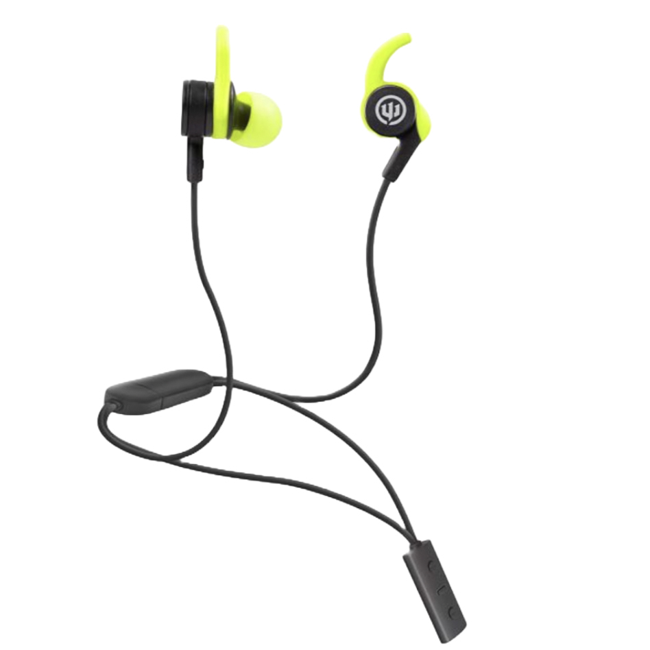 Bright neon green wireless earbuds with ear hooks, connected by a black cable. They feature in-line controls for easy access and adjustment.