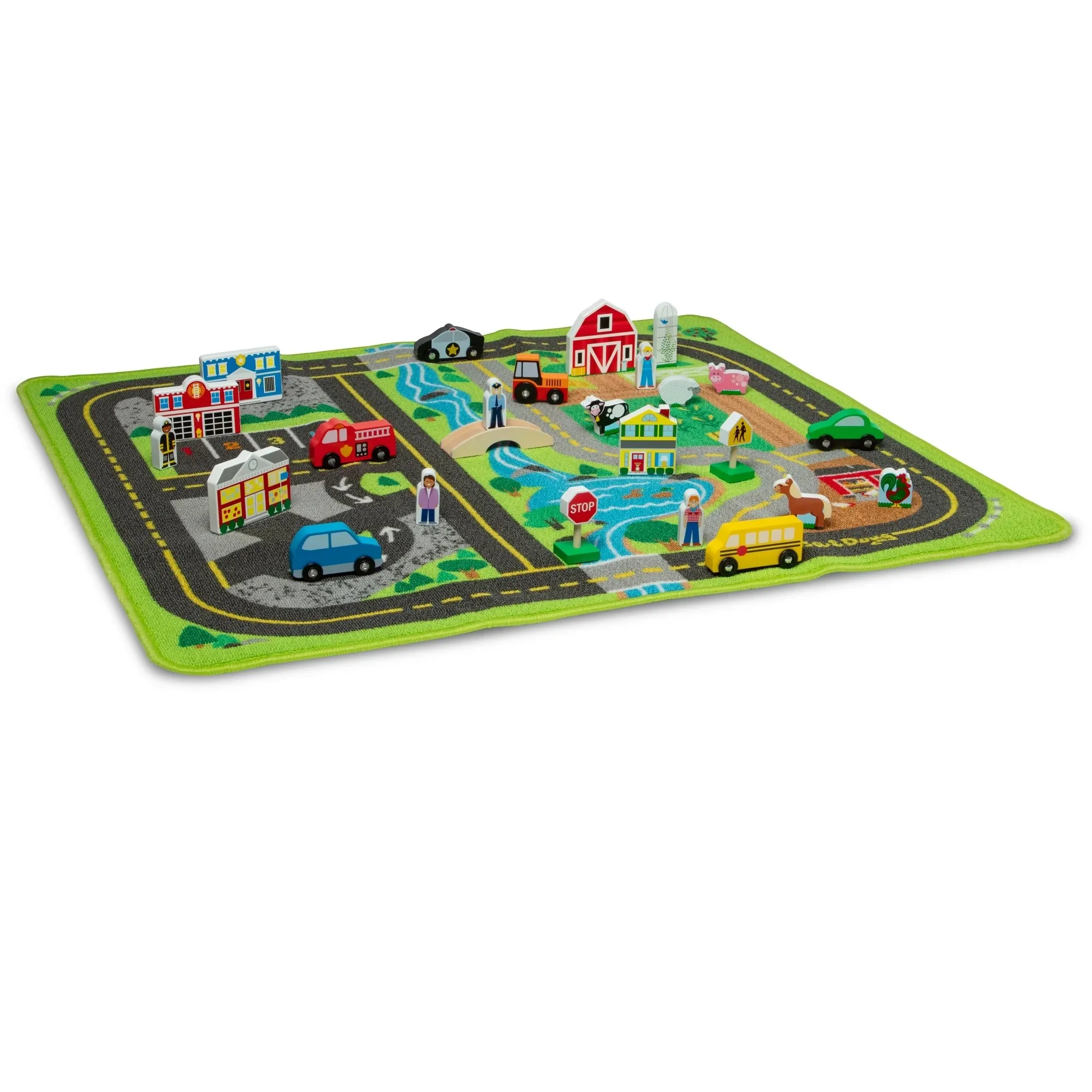 Melissa & Doug Activity Rug Play Set features a colorful cityscape rug with roads, buildings, vehicles, and wooden figures, ideal for imaginative play.