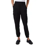 Black cargo jogger pants with elastic waistband and cuffs, featuring side pockets, paired with black loafers.