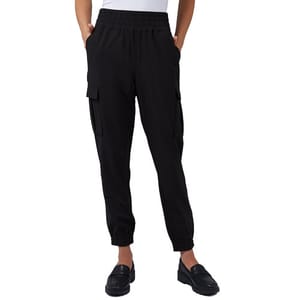Black cargo jogger pants with elastic waistband and cuffs, featuring side pockets, paired with black loafers.