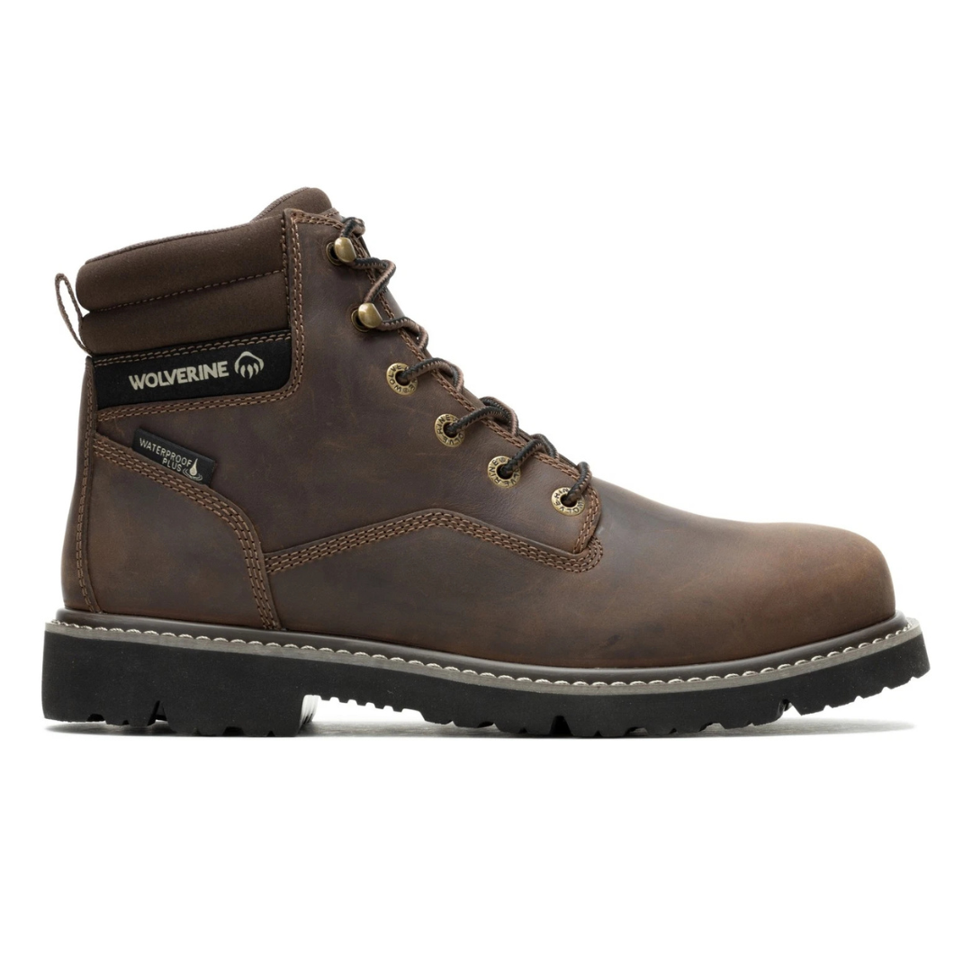Brown Wolverine waterproof work boot with metal eyelets, padded collar, and a rugged black rubber sole.
