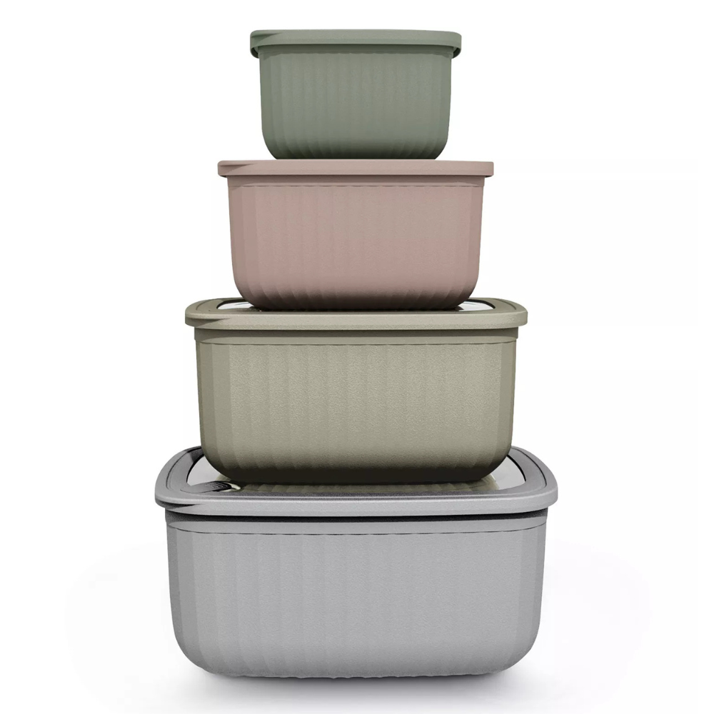 Stack of four nesting food storage containers in various colors, each with a lid.