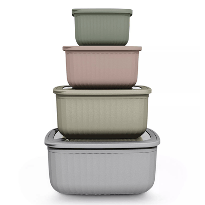 Stack of four nesting food storage containers in various colors, each with a lid.