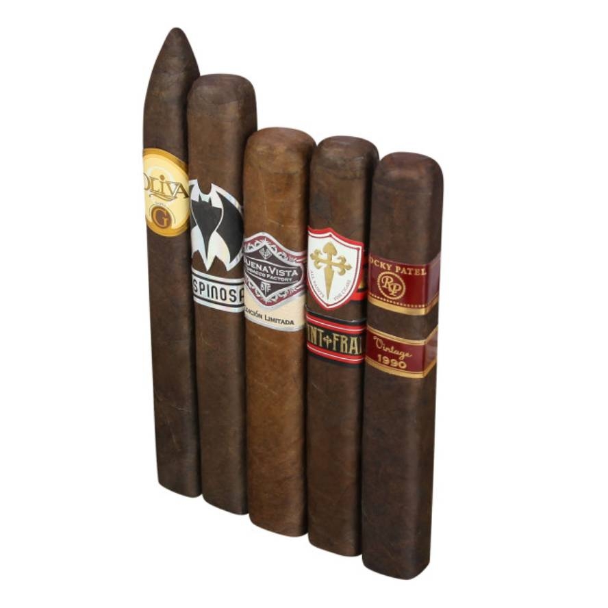 Five cigars with varying labels including Oliva, Espinosa, Buena Vista, and Rocky Patel arranged side by side.