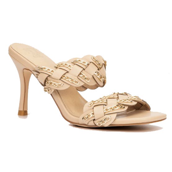 Beige high-heeled mule sandals with woven straps and gold chain detailing.