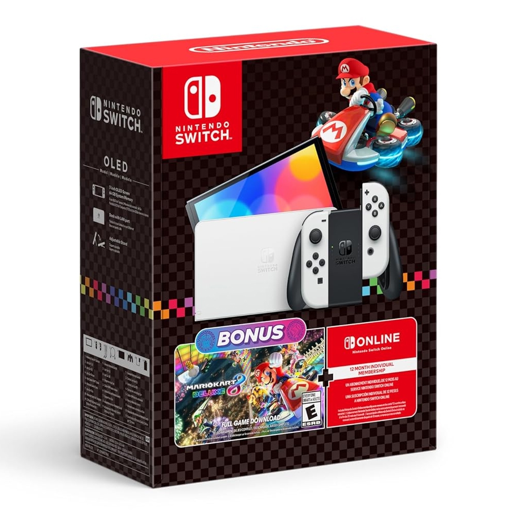 Nintendo Switch OLED bundle featuring a white console with Joy-Con controllers, includes Mario Kart 8 Deluxe full game download and a 12-month Nintendo Switch Online individual membership.