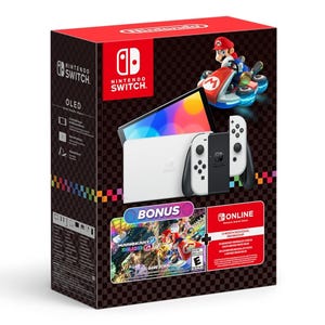 Nintendo Switch OLED bundle featuring a white console with Joy-Con controllers, includes Mario Kart 8 Deluxe full game download and a 12-month Nintendo Switch Online individual membership.