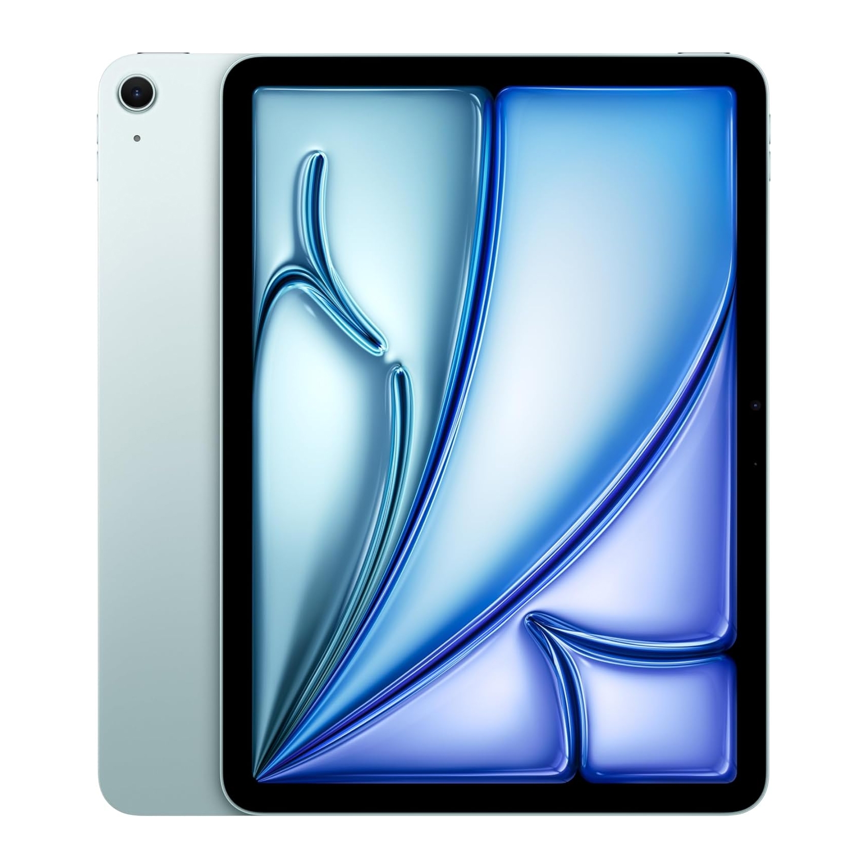 This is the Apple 11-inch iPad Air featuring an M2 chip, displaying a blue abstract wallpaper, with a silver back and single rear camera on the top corner.