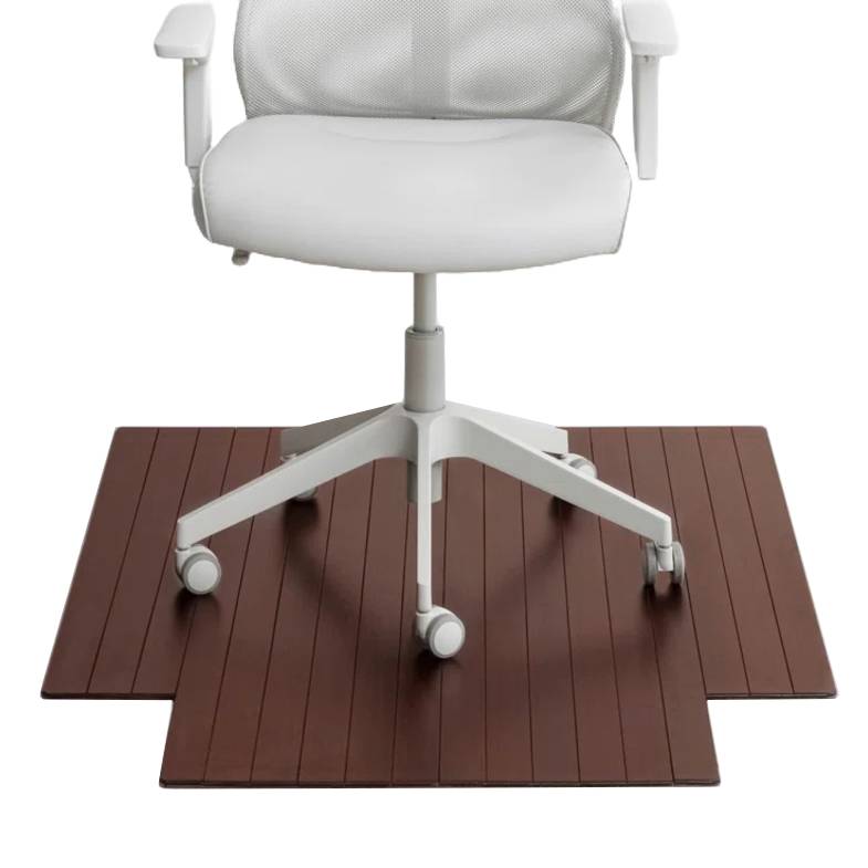 A dark bamboo anti-slip chair mat designed to fit rolling office chairs, featuring a rectangular shape with a cut-out for more coverage. The mat has a slatted appearance, providing stability and protection for floors.