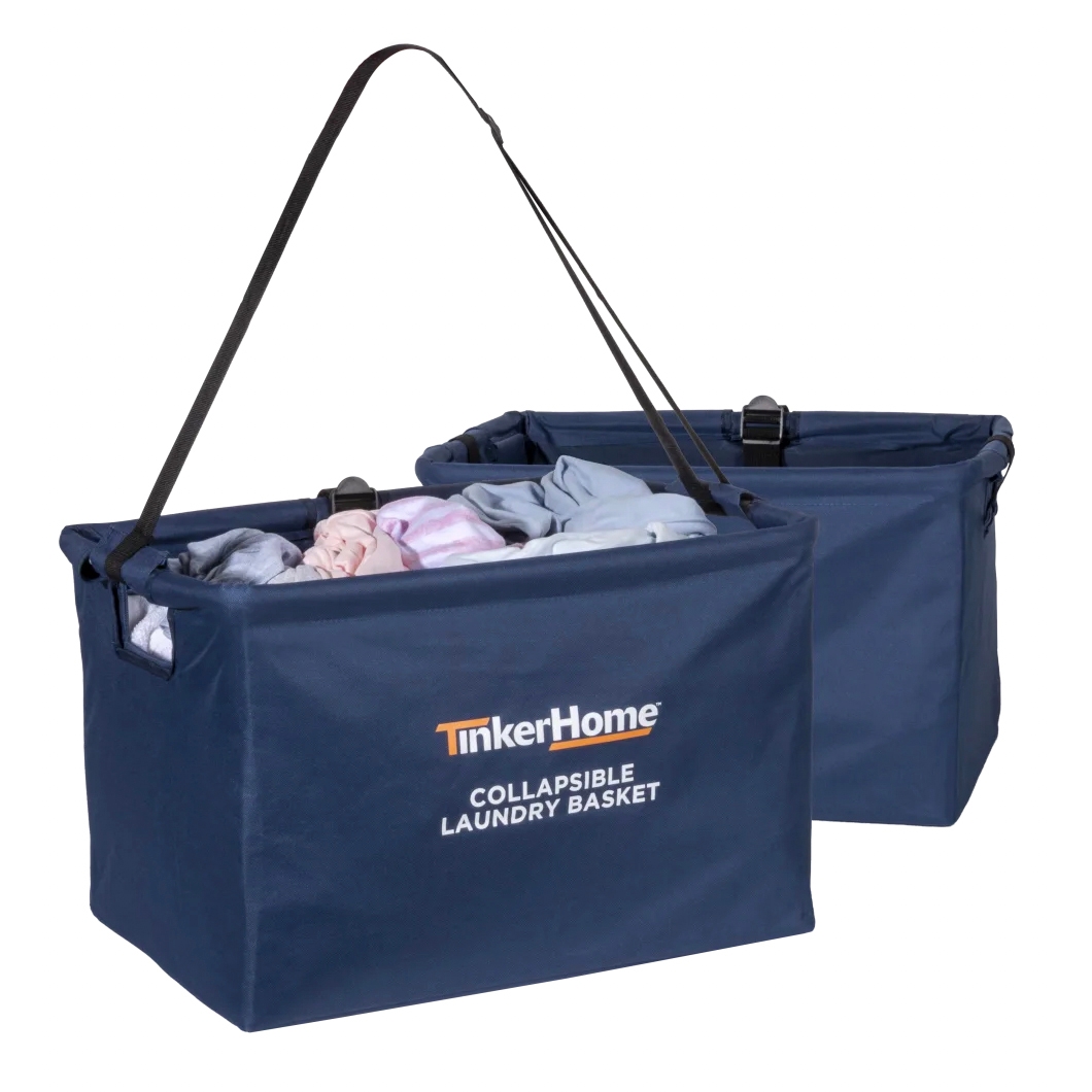 Two navy blue collapsible laundry baskets with handles, labeled \“TinkerHome.\“ Each basket is shown containing clothes.
