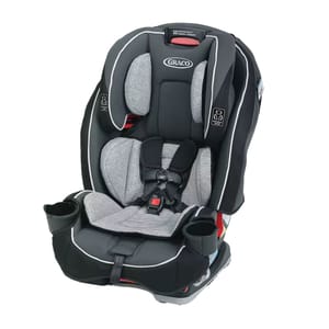 The Graco SlimFit Convertible Car Seat is a gray and black car seat with 10-position headrest adjustment, harness system, dual cup holders, and plush padding, designed to grow with your child from rear-facing to forward-facing and booster seat use.