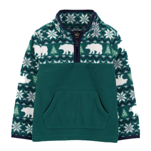 This is a fleece pullover with a white and light blue snowflake and polar bear pattern on a dark green background.