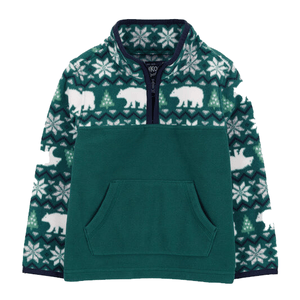 This is a fleece pullover with a white and light blue snowflake and polar bear pattern on a dark green background.
