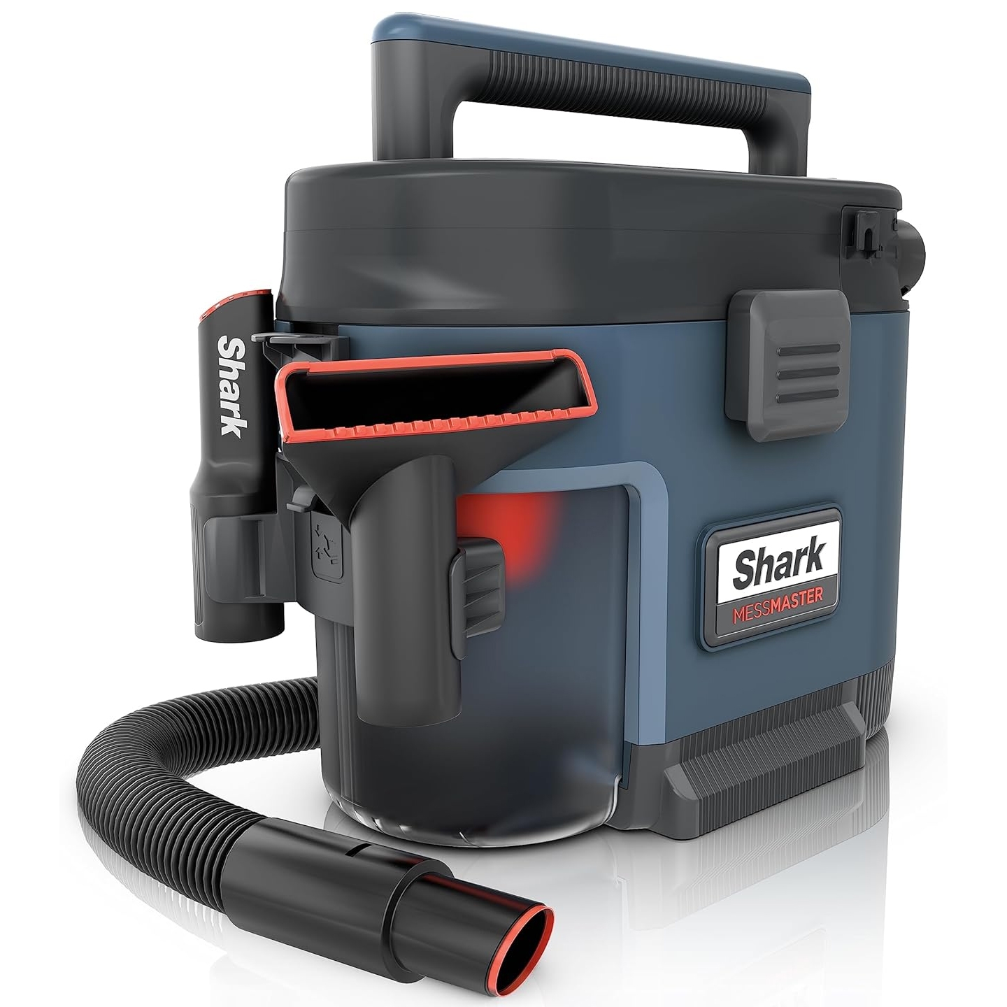 Shark MessMaster cordless vacuum in dark gray and blue with a handle, hose, and various attachments.