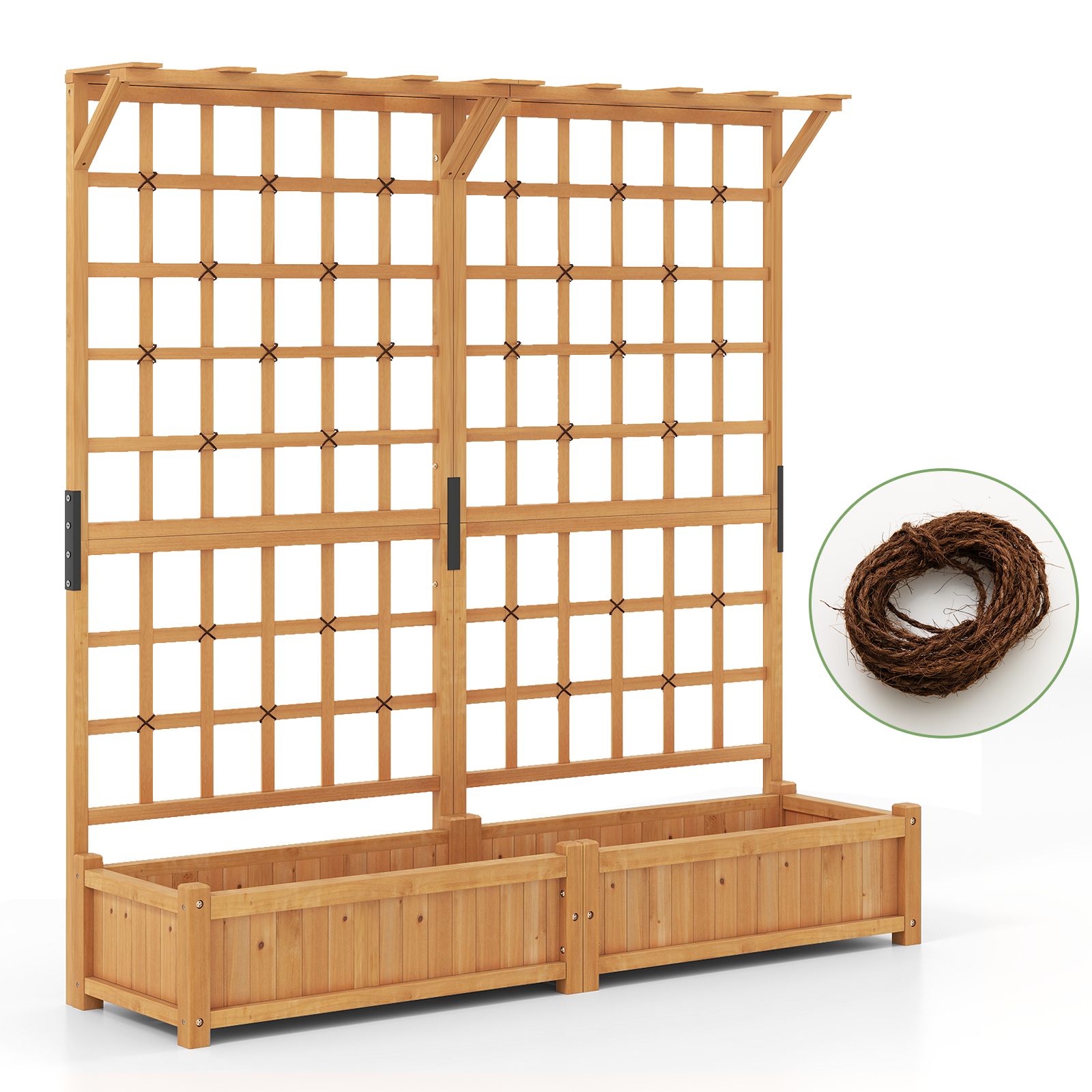 Wooden garden trellis with plant box and twine included, designed for supporting climbing plants.