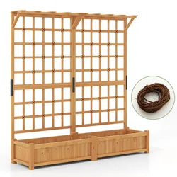 Wooden garden trellis with plant box and twine included, designed for supporting climbing plants.