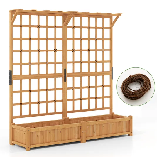 Wooden garden trellis with plant box and twine included, designed for supporting climbing plants.