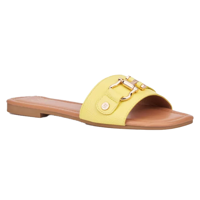 Yellow slide sandals with a flat, tan sole and a decorative gold buckle on the upper strap.