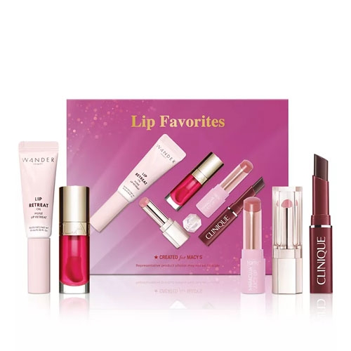 a set of five pink and red lip products in front of a pink box
