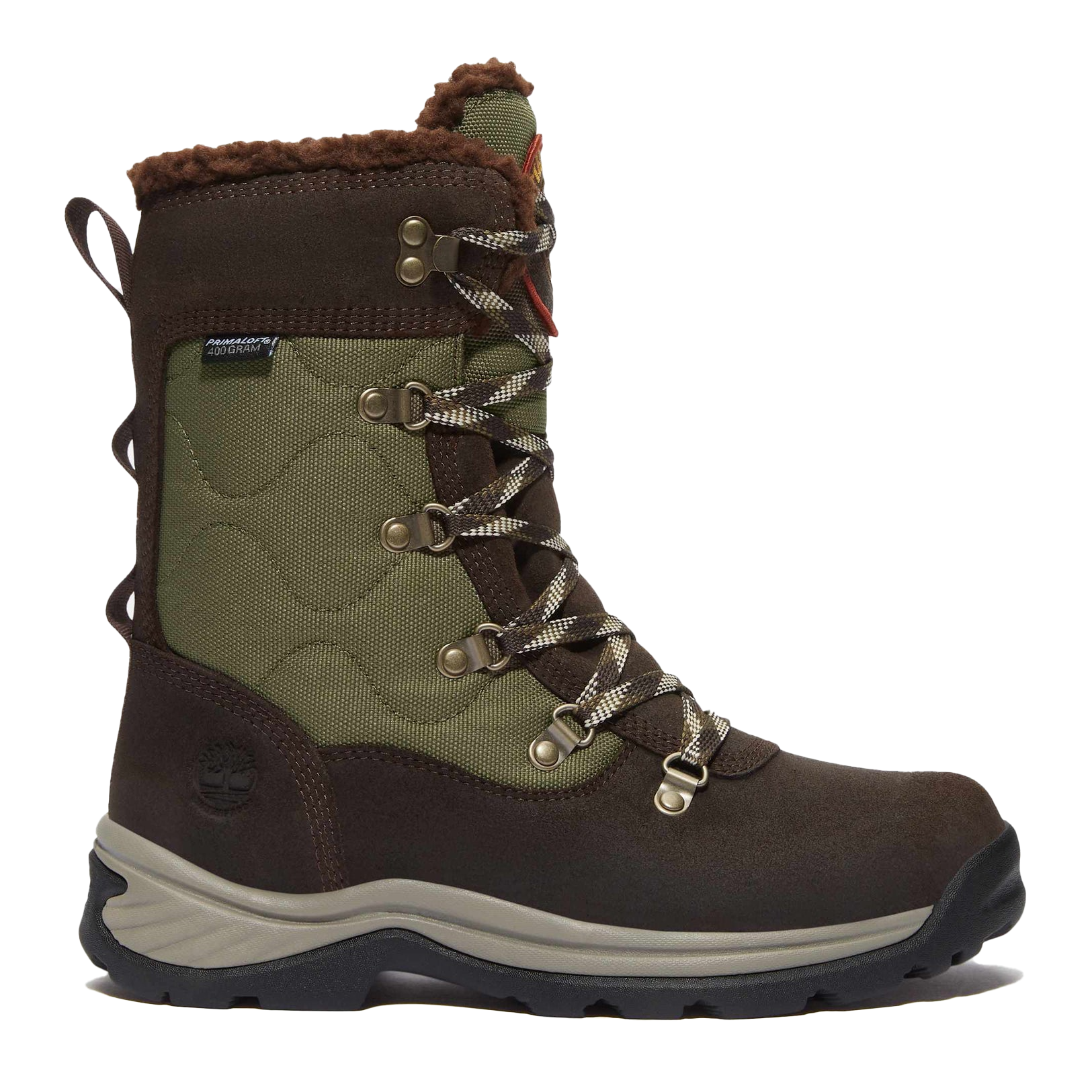 Timberland Women's Tall Snow Boots feature a green and brown color scheme with a quilted design, lace-up front, and plush interior lining for warmth. They have a durable rubber sole and reinforced eyelets for stability and traction.