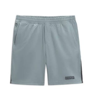 Gray Hurley Warmup Shorts featuring an elastic waistband, side pockets, and a black Hurley logo patch on the bottom left.