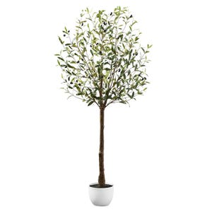 A 5-foot tall potted faux olive tree with a slender trunk and numerous green leaves, adorned with small black olives, set in a simple white pot.