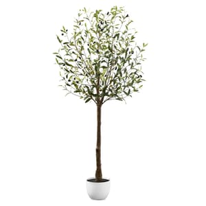 A 5-foot tall potted faux olive tree with a slender trunk and numerous green leaves, adorned with small black olives, set in a simple white pot.