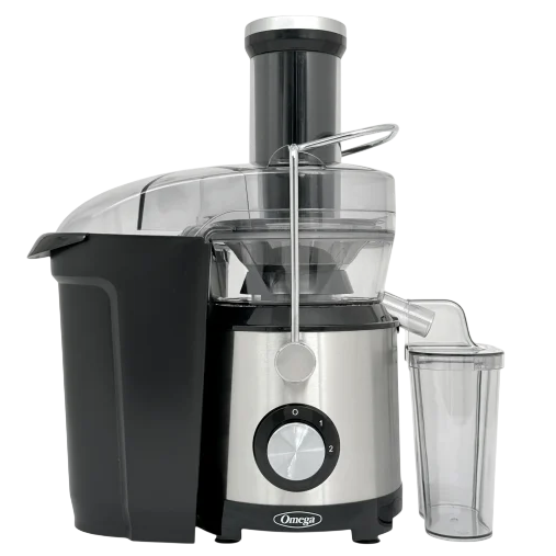 A silver and black Omega juicer with a clear spout and waste container, featuring a dial for speed settings.