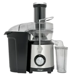 A silver and black Omega juicer with a clear spout and waste container, featuring a dial for speed settings.