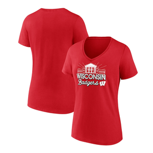 Red V-neck T-shirt featuring a design with a building and \“Wisconsin Badgers\“ text, along with a \“W\“ logo on the front.