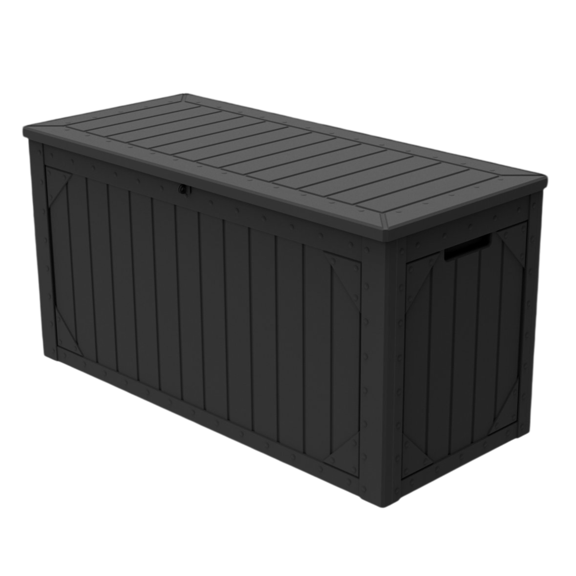 A dark-colored outdoor storage box with a hinged lid and grooved panel design.